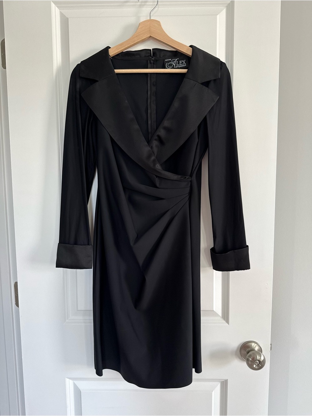 Alex Evenings Black Satin-Trim Long Sleeve Wrap-Style Dress